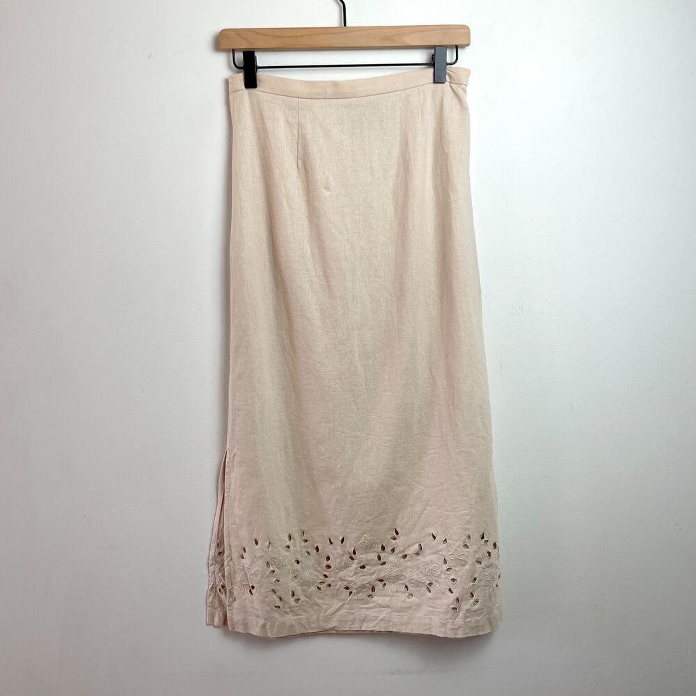 Vintage Linen Blend Skirt Sz 4P Eyelet Trim Quiet Luxury Parisian Minimalist